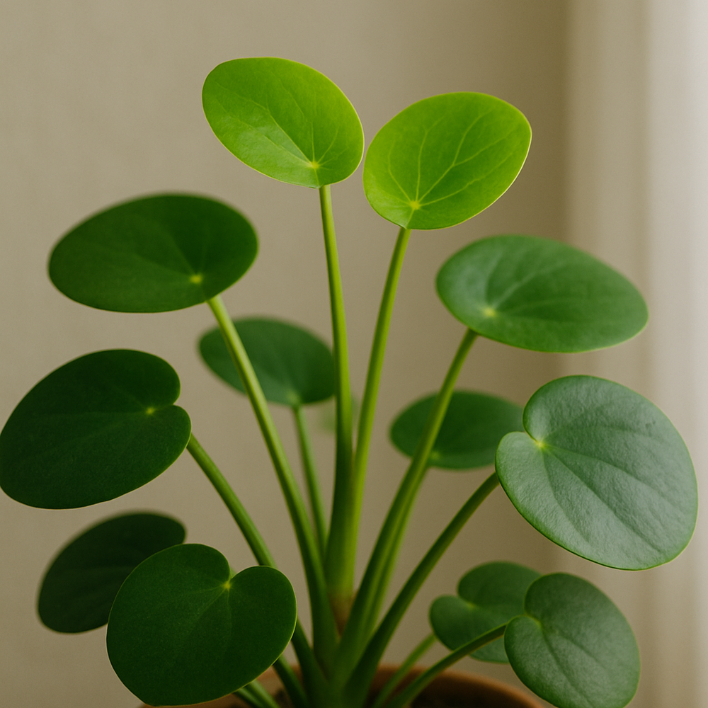 Pilea (pannenkoekenplant) — focus op nieuw frisgroen blad