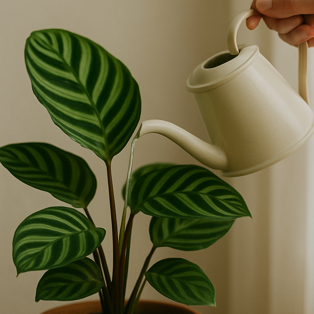 Calathea — een plant die water krijgt met een klein gietertje