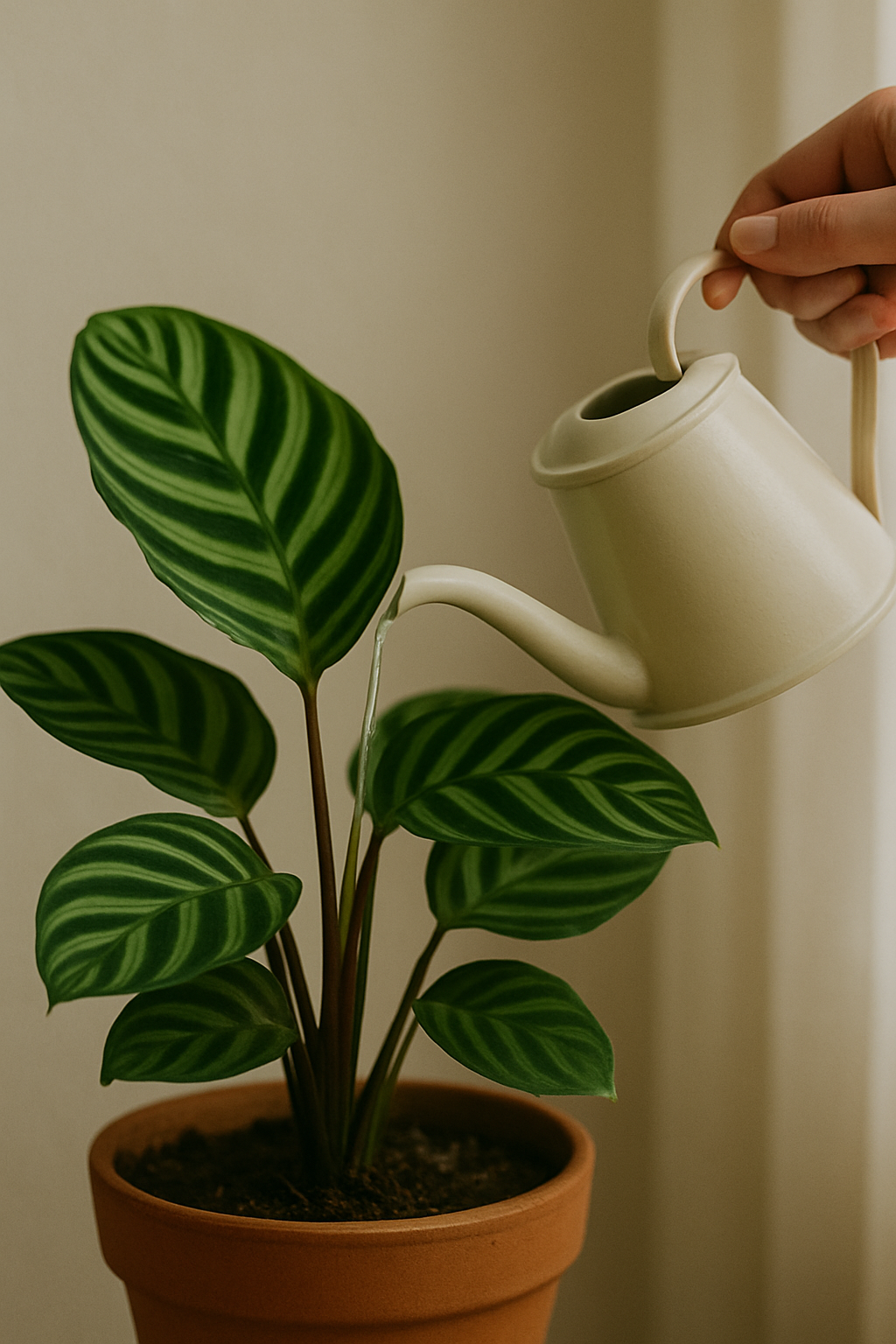 Calathea — een plant die water krijgt met een klein gietertje